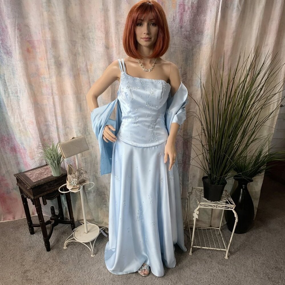 New📌Mary's Beaded Light Blue Formal - Prom - Bridesmaid Dress - Matching Scarf